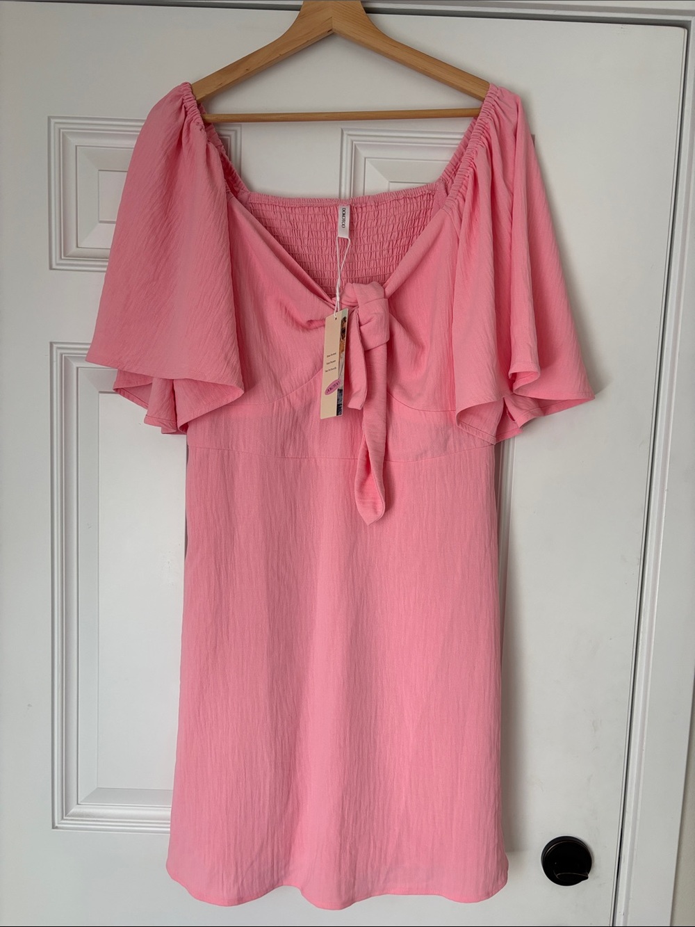Pink Tie-Front Mini Dress with Flutter Sleeves Bubble Gum Pink